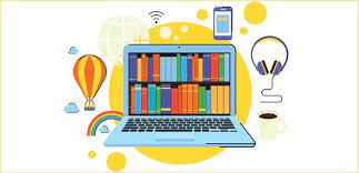 Notebook com livros aparecendo em formato de estante de biblioteca