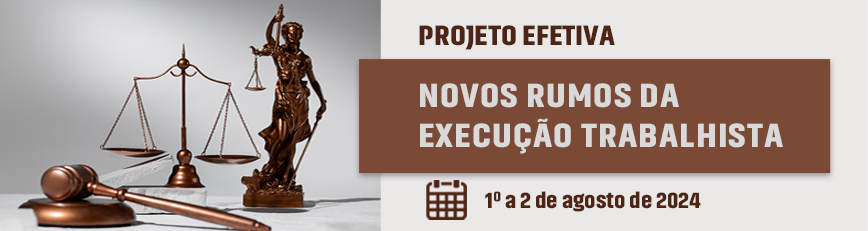 Imagem com símbolos da Justiça (balança, martelo e escultura da deusa da Justiça) sobre fundo cinza claro, em gradiente, e escritos anunciando o curso em tela.