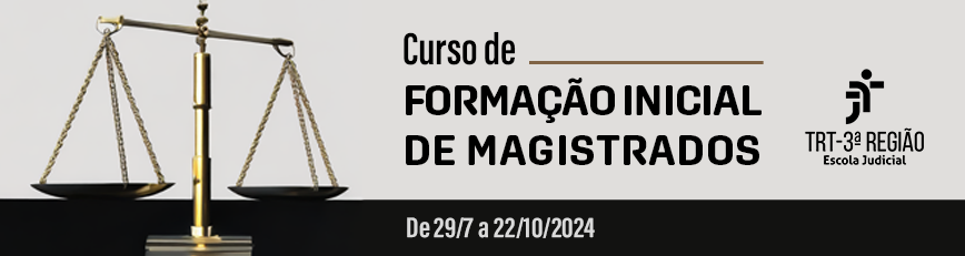 Banner de fundo cinza claro com imagem de uma balança da Justiça nas cores dourada e preta, à esquerda; à direita, dizeres sobre o curso em tela.