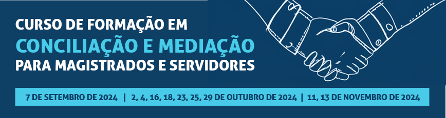 Banner com fundo azul escuro e traçado de duas mãos simbolizando a conciliação, tema do curso em tela.